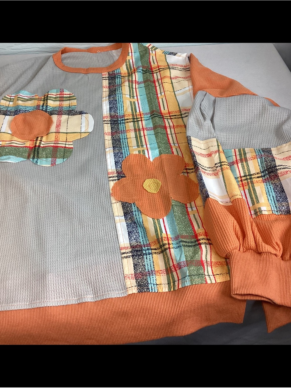 Patchwork Plaid Floral Appliqué Pullover - Sage, Mustard & Rust oversized top.33 - Picture 7 of 7
